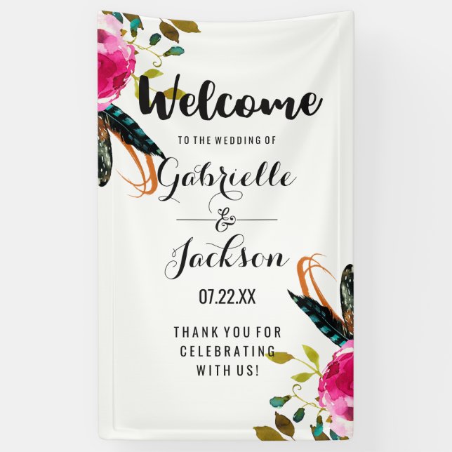 Boho Chic Floral Watercolor Wedding Welcome Banner (Vertical)