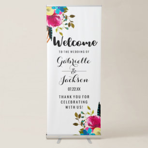 Boho Chic Floral Watercolor Wedding Welcome Retractable Banner