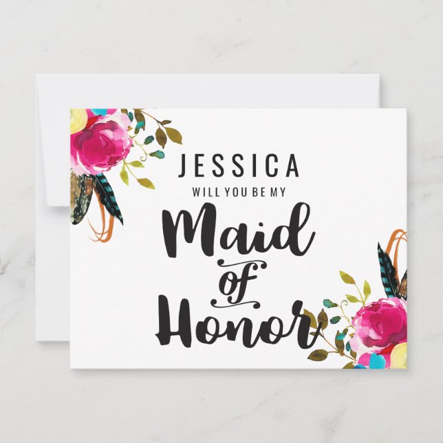 Boho Chic Floral Will You Be My Maid of Honour Invitation (Front)