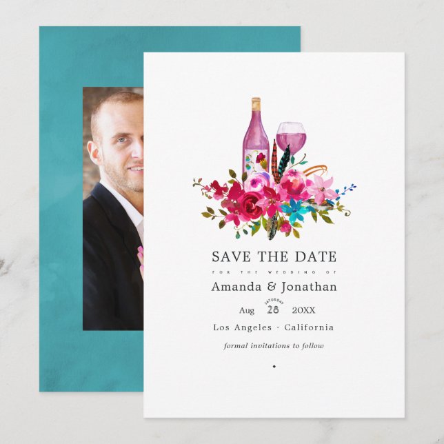 Boho Chic Floral Wine Tasting Wedding Photo Save The Date (Front/Back)