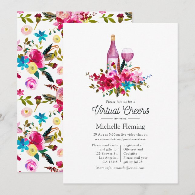 Boho Chic Floral Wine Themed Virtual Bridal Shower Invitation (Front/Back)