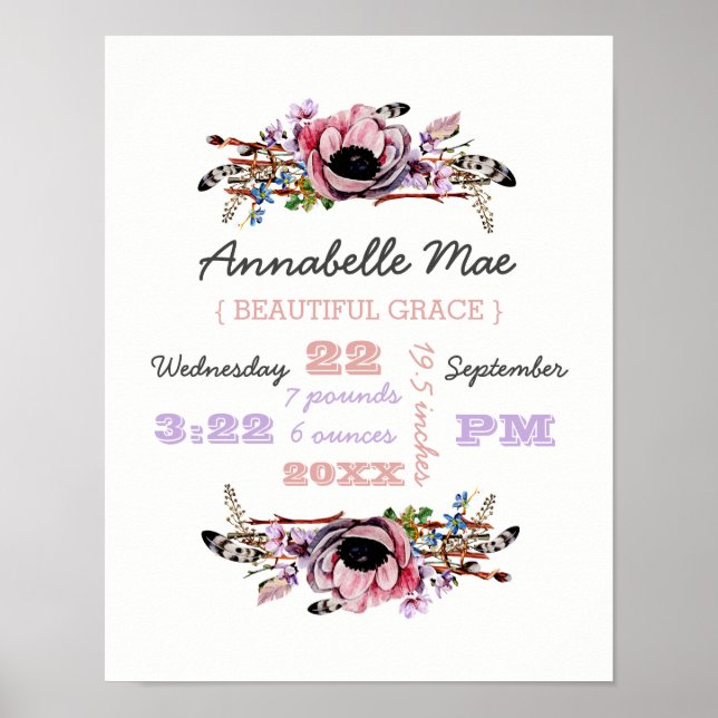 Boho Chic Floral Wreath | Baby Girl Birth Stats Poster (Front)