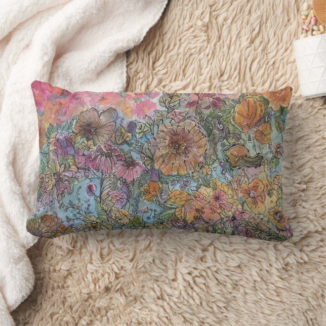 Boho Chic Flower Garden Watercolor Painting  Lumbar Cushion (Blanket)