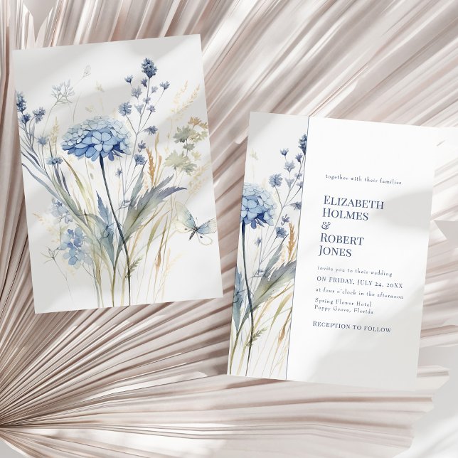 Boho Chic French Blue Wildflowers Wedding Invitation (Boho Chic French Blue Wildflowers Wedding Invitation on a sunny dry palm leaf.)