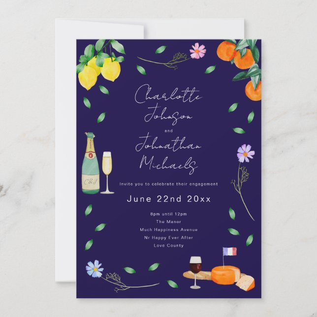Boho Chic French Wine and Cheese Engagement Party Invitation (Front)