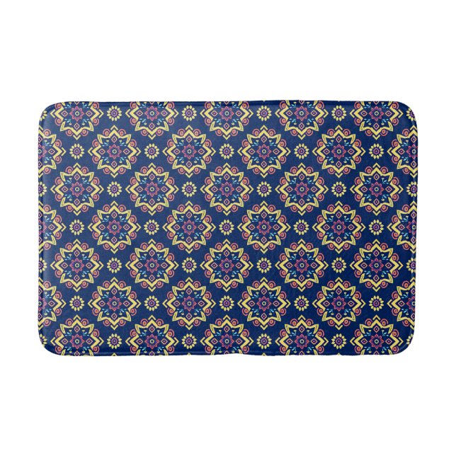 Boho Chic Geometric Floral Pattern Bath Mat (Front)