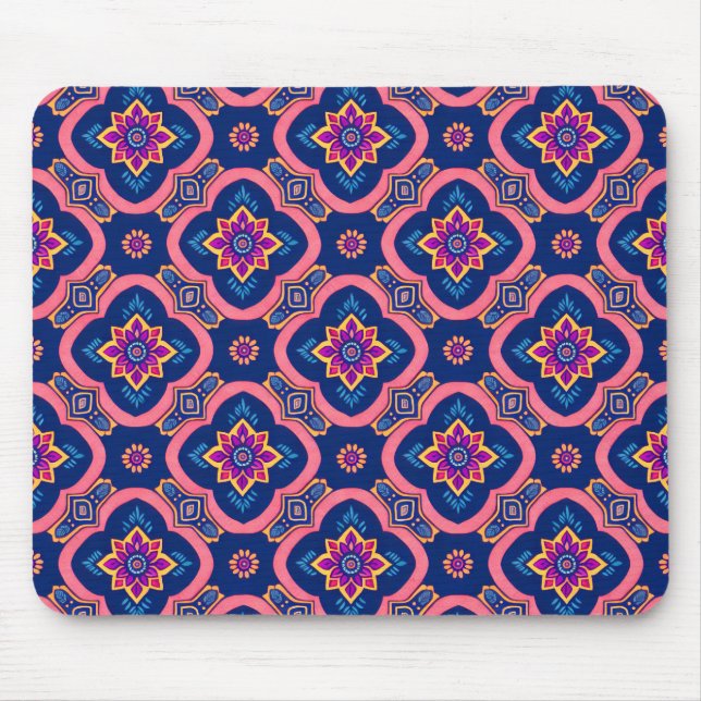 Boho Chic Geometric Floral Pattern Mouse Mat (Front)