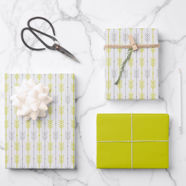 Boho Chic Geometric Lemon Lime Arrow Shapes Wrapping Paper Sheet (Front)