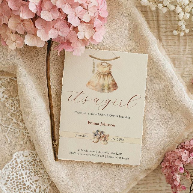 Boho Chic Girl Dress Beige Baby Shower Invitation (Boho Chic Girl Dress Beige Baby Shower Invitation)