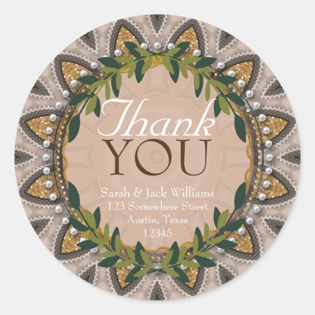 Boho-Chic Glitter Sunflower Laurel Cute Thank You Classic Round Sticker (Front)