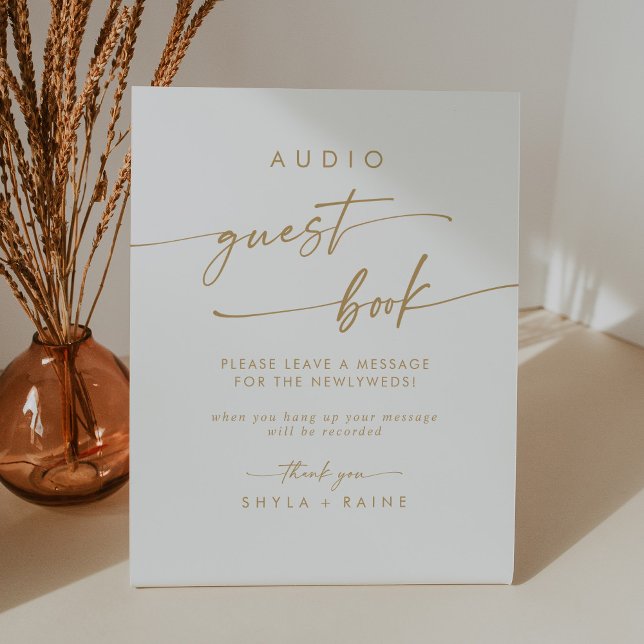 Boho Chic Gold and White Audio Guestbook Wedding Pedestal Sign (Creator Uploaded)