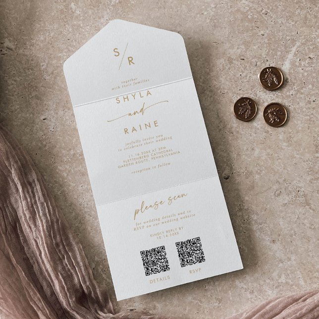 Boho Chic Gold and White Dual QR Code Wedding All In One Invitation (Creator Uploaded)