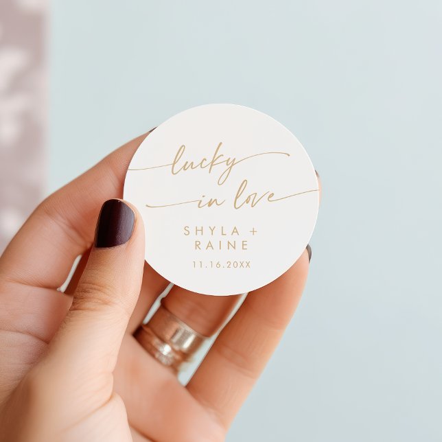 Boho Chic Gold and White Lucky In Love Favour Classic Round Sticker (Boho Chic Gold and White Lucky In Love Favor Classic Round Sticker)