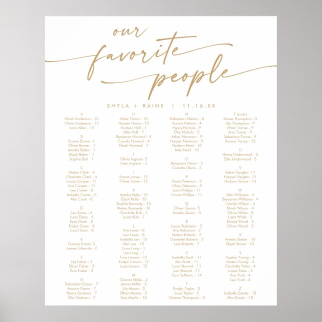 Boho Chic Gold and White Printable Seating Chart (Front)
