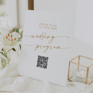 Boho Chic Gold and White QR Code Wedding Program Pedestal Sign