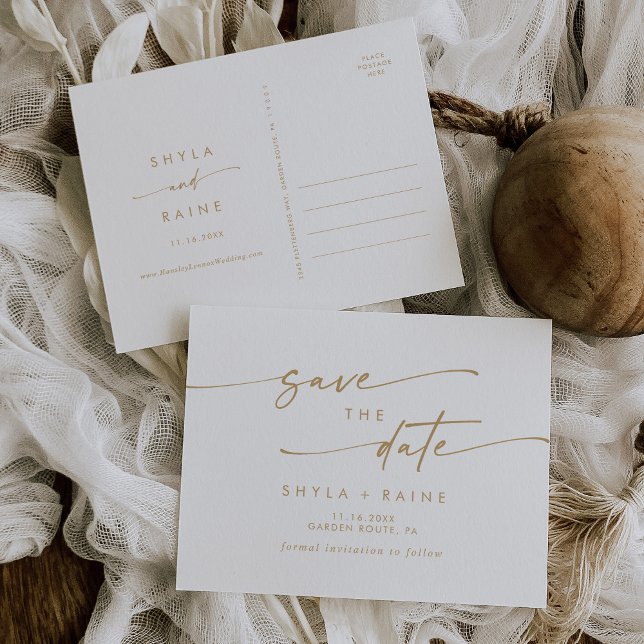 Boho Chic Gold and White Wedding Save the Date Invitation Postcard (Creator Uploaded)
