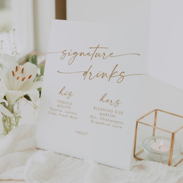 Boho Chic Gold and White Wedding Signature Drinks Pedestal Sign (Creator Uploaded)