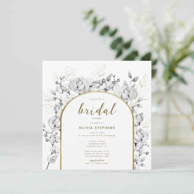 Boho Chic Gold Arch Modern Floral Bridal Shower Invitation (Standing Front)