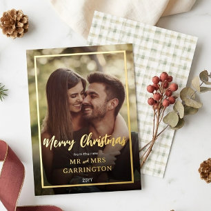 Boho Chic Gold Plaid First Married Christmas Photo Foil Holiday Card