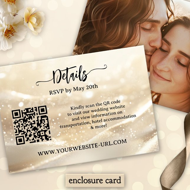 Boho Chic Gold Sparkling Elegant Wedding Enclosure Card (Elegant boho chic wedding enclosure card featuring an abstract gold sparkle design, photo + QR code)