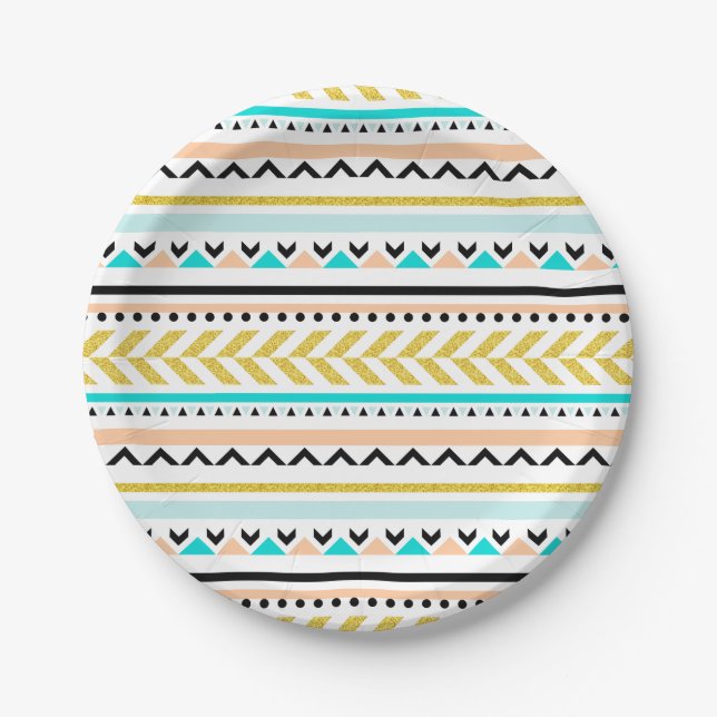 Boho Chic Gold Turquoise Aztec Pattern Paper Plate (Front)