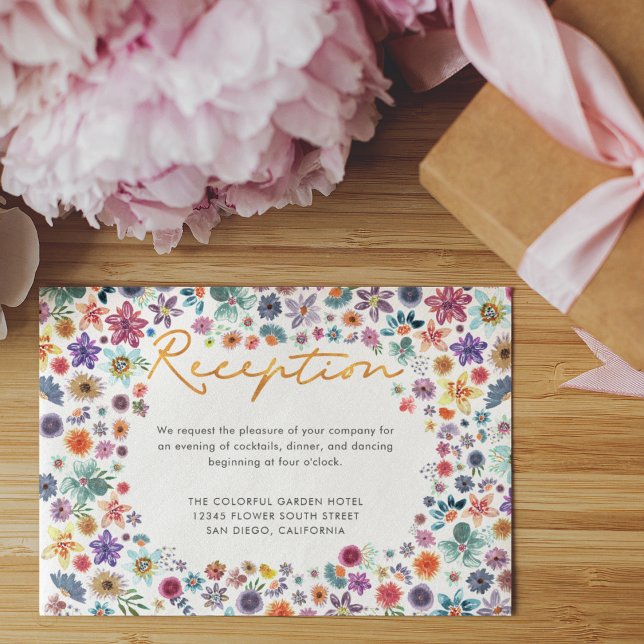 Boho Chic Gold Wildflower Wedding  Reception Enclosure Card (Front)