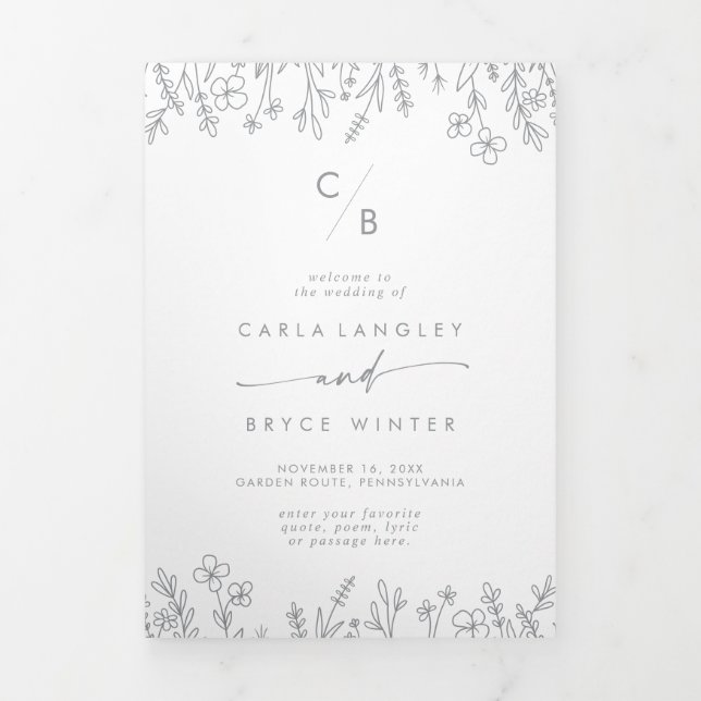Boho Chic Gray Wildflower Monogram Wedding Tri-Fold Programme (Cover)