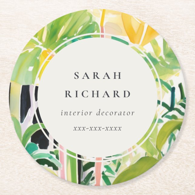 Boho Chic Green Tropical Leafy Foliage Botanical Round Paper Coaster (Front)