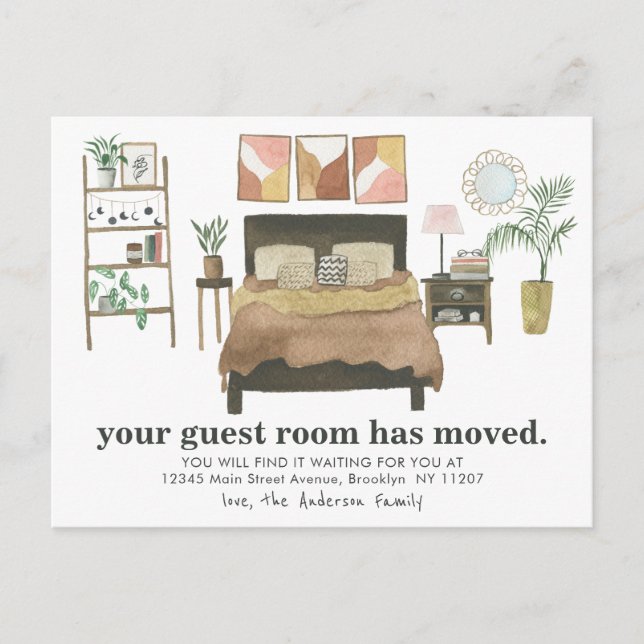 Boho Chic Guest Room Moved New Home Address Moving Announcement Postcard (Front)