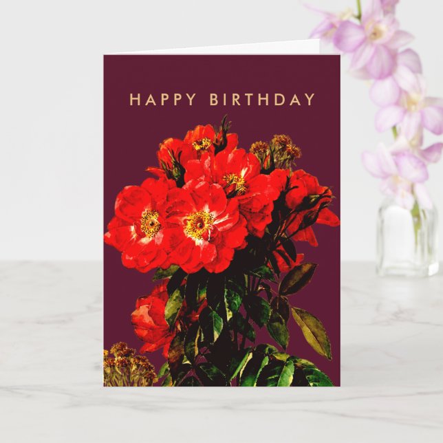 Boho Chic Happy Birthday Red Roses Burgundy Card (Orchid)