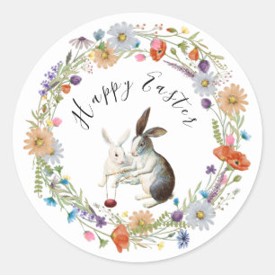 Boho Chic Happy Easter Bunny Watercolor Wildflower Classic Round Sticker