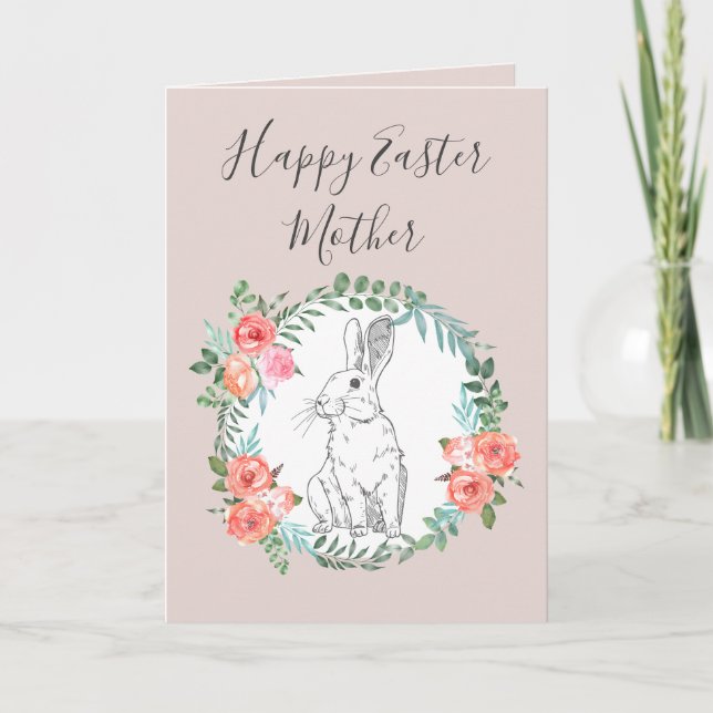 Boho Chic Happy Easter Mother Bunny Floral Mauve Holiday Card (Front)