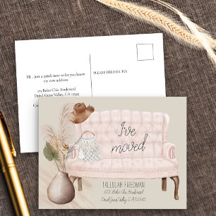 Boho Chic I've Moved Dried Grass Pink Couch Moving Announcement Postcard
