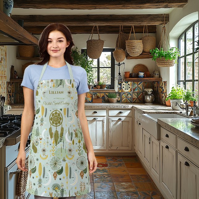 Boho Chic Kitchen with Dreamcatcher in Sage Green Apron (Creator Uploaded)