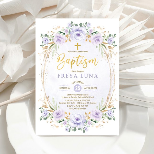 Boho Chic Lavender Gold Floral Girl Baptism Invitation (Creator Uploaded)