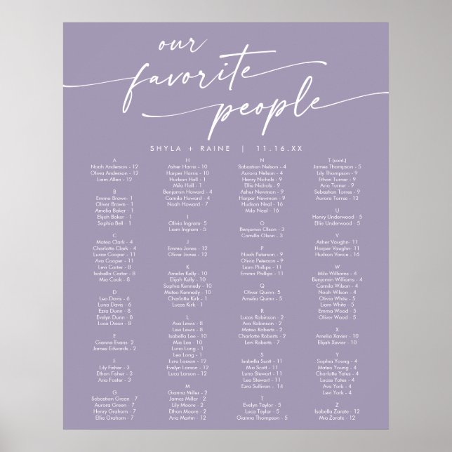 Boho Chic Lavender Purple Printable Seating Chart (Front)