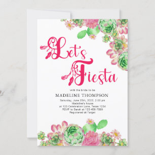 Boho Chic Let's Fiesta Pink Cactus Bridal Shower Invitation
