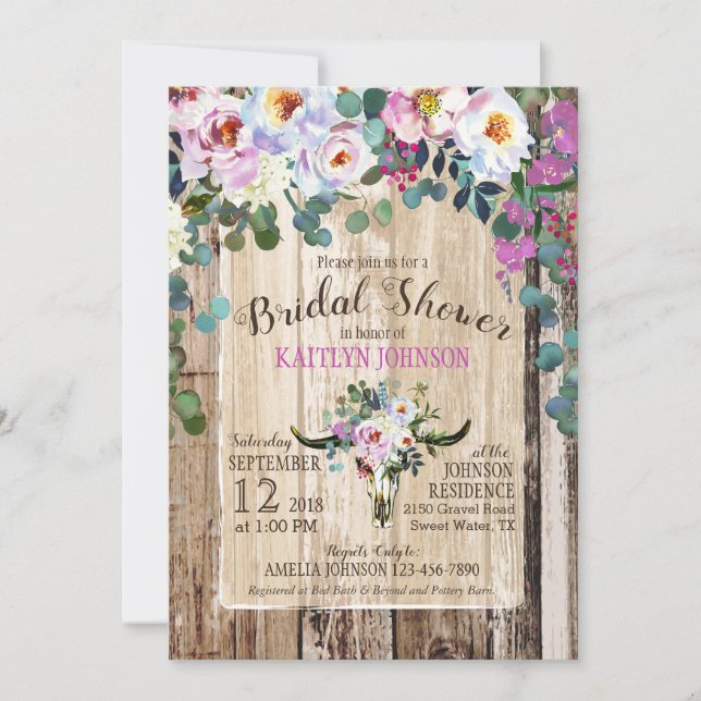 Boho Chic Longhorn Cow Skull Floral Bridal Shower Invitation (Front)