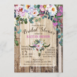 Boho Chic Longhorn Cow Skull Floral Bridal Shower Invitation