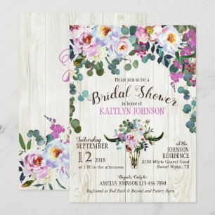 Boho Chic Longhorn Cow Skull Floral Bridal Shower Invitation