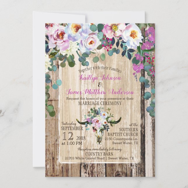 Boho Chic Longhorn Cow Skull Floral Wedding Invitation (Front)