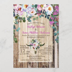 Boho Chic Longhorn Cow Skull Floral Wedding Invitation