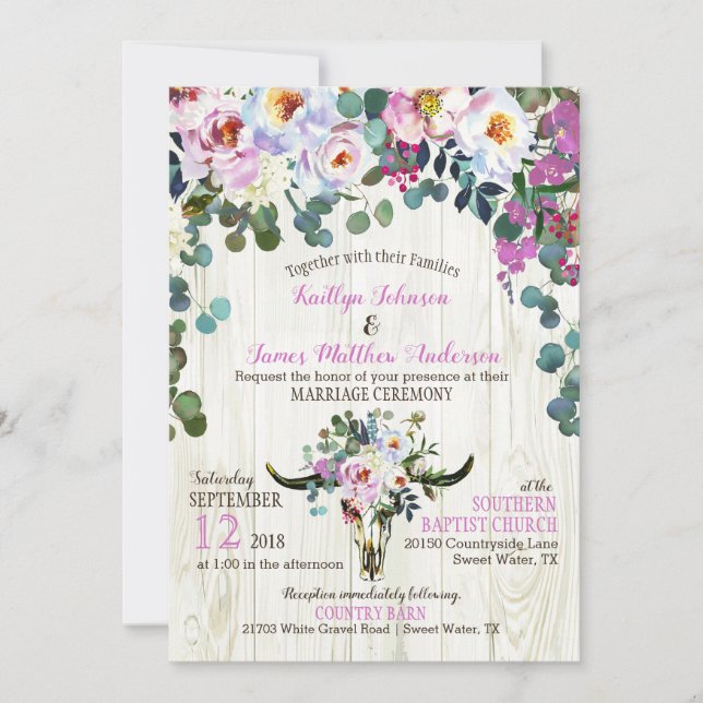Boho Chic Longhorn Cow Skull Floral Wedding Invitation (Front)