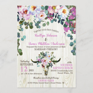 Boho Chic Longhorn Cow Skull Floral Wedding Invitation
