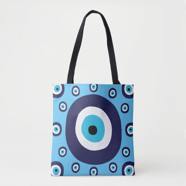 Boho Chic Lucky Greek Evil Eye Blue and White Tote Bag (Front)