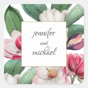 Boho Chic Magnolia Floral Bride and Groom Square Sticker