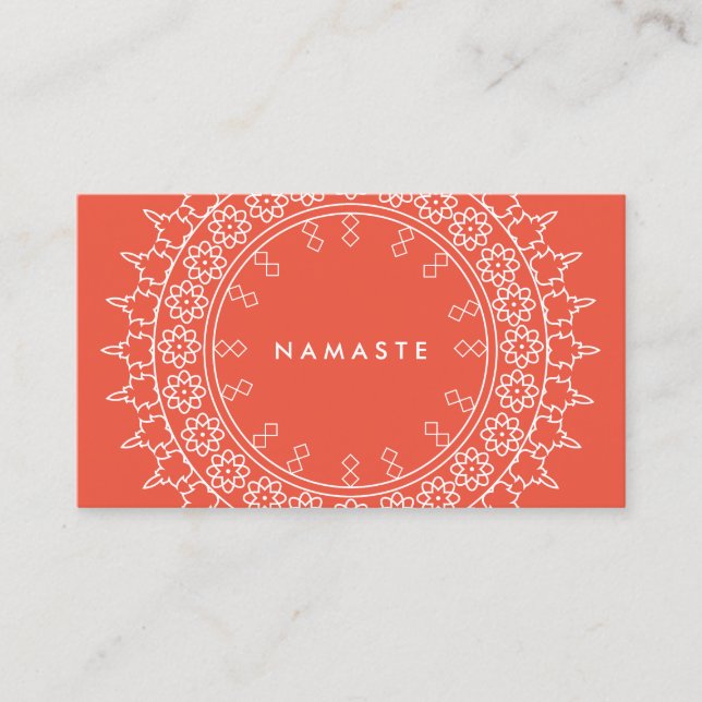 Boho Chic Mandala Namaste Yoga Coral Business Card (Front)