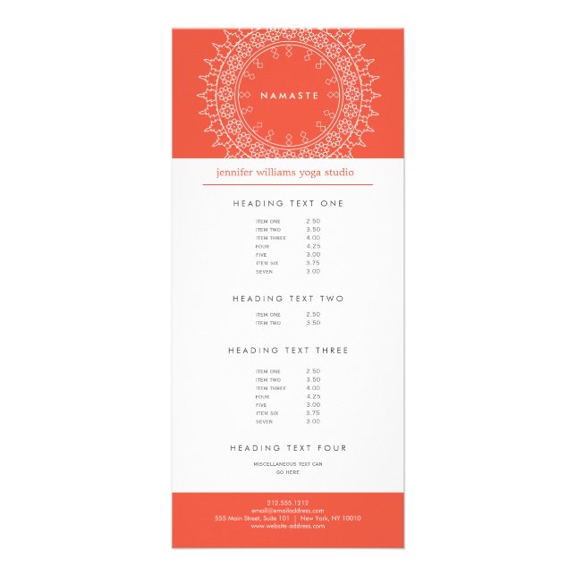 Boho Chic Mandala Namaste Yoga Coral Rack Card (Front)