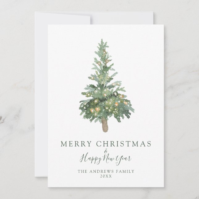 Boho Chic Merry Christmas Watercolor Tree Holiday Card (Front)