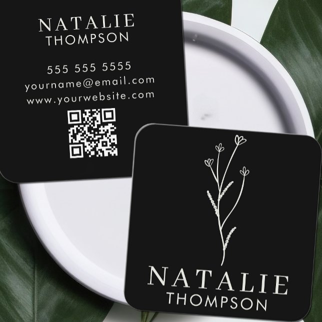 Boho Chic Minimalist Black Flower QR Code Square Business Card (Creator Uploaded)